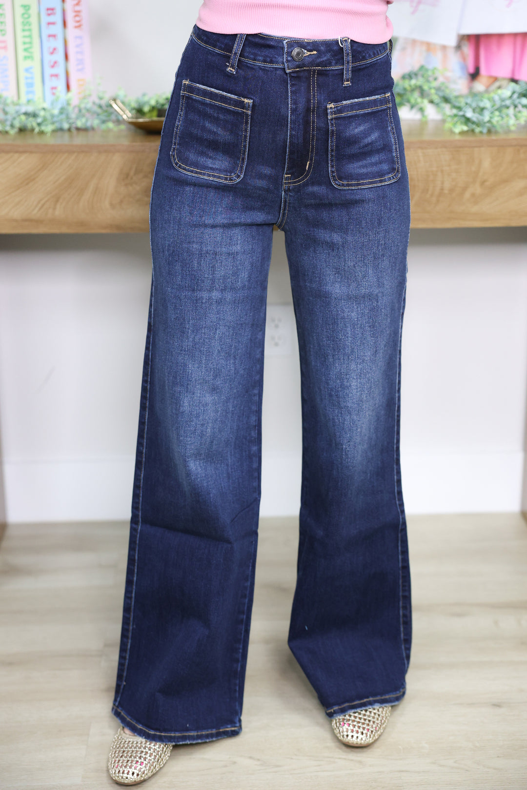 Stretch Front Two Pocket High Rise Flare Jeans "Dark Denim"