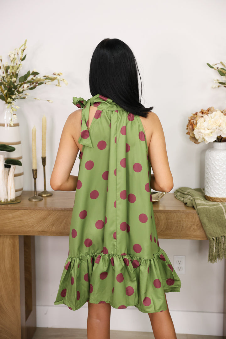 Tie Neck Sleeveless Polka Dot Mini Dress "Olive"