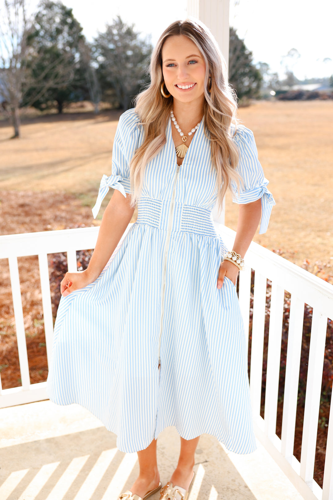 Giddy Gracious Striped Zipper Dress "Blue"