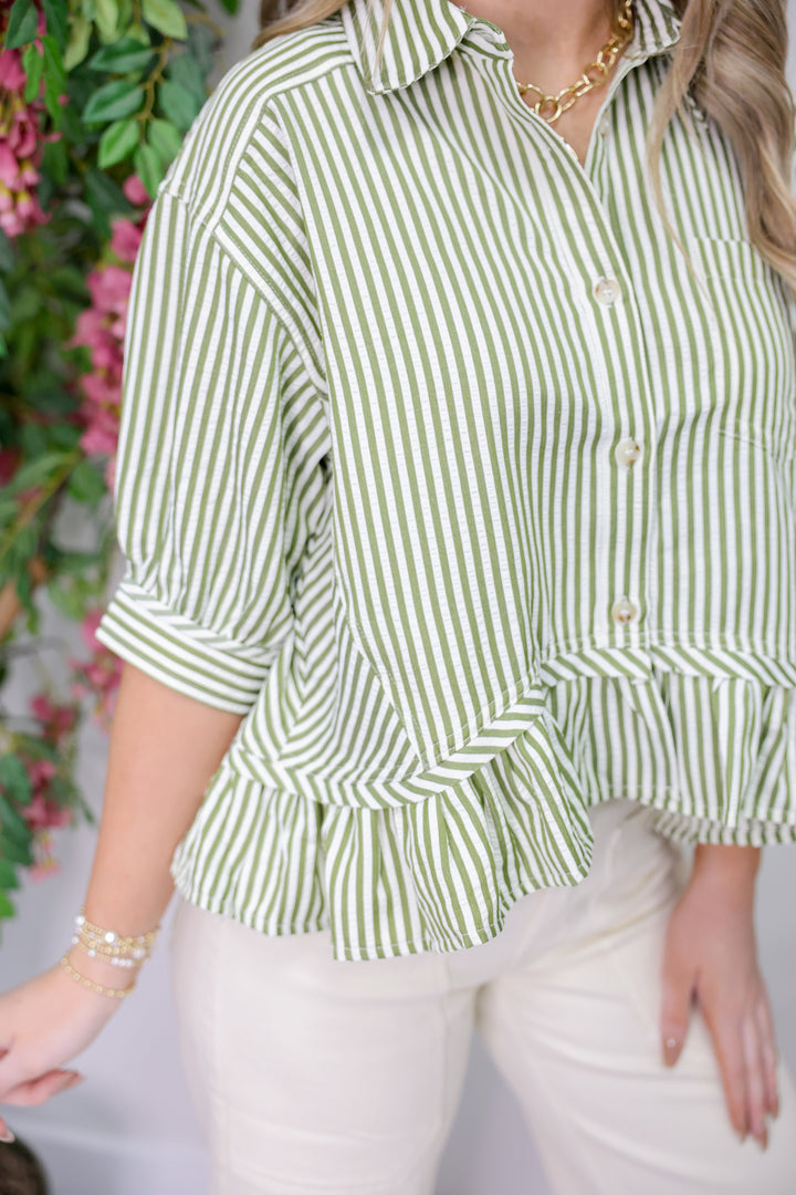 Striped Ruffle Blouse "Olive"