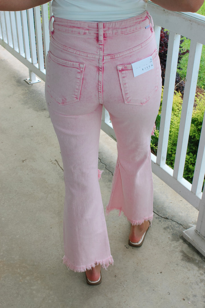 Kellie High Rise Crop Distressed Pants "Acid Pink"