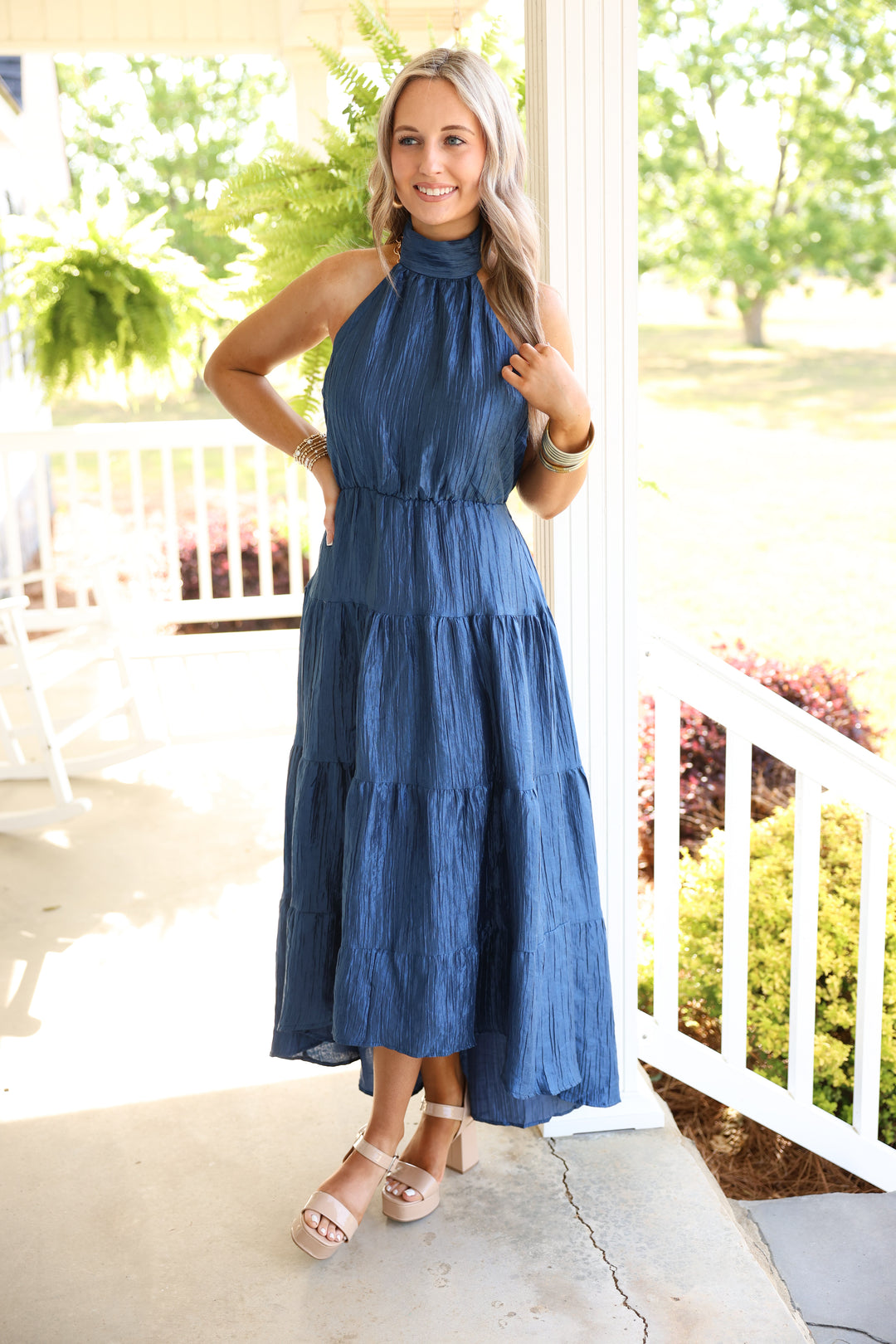 Halter Neck Tiered Maxi Dress Navy Medium