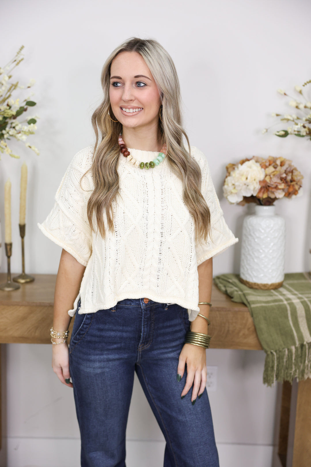Round Neck Short Sleeve Knit Sweater Top "Cream"