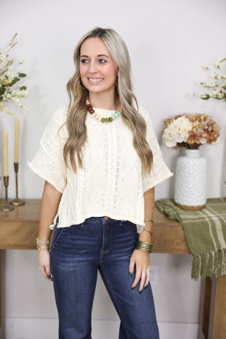 Round Neck Short Sleeve Knit Sweater Top "Cream"