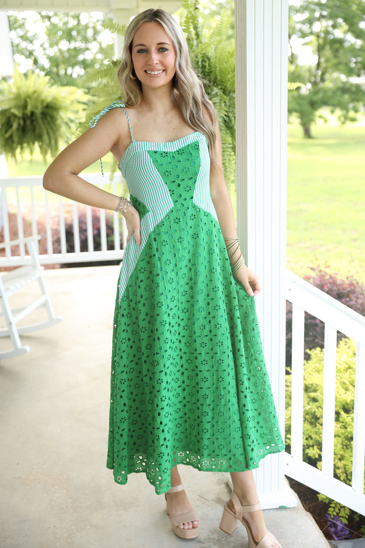 Cotton Eyelet Stripe Maxi Dress "Kelly Green"