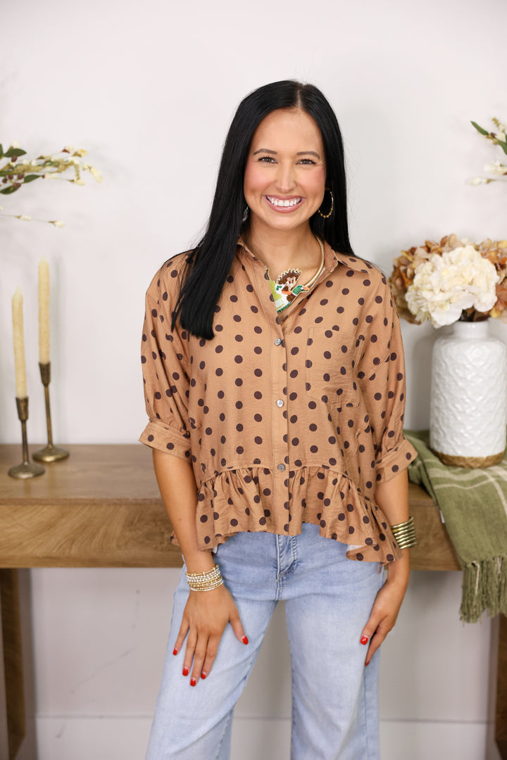 Polka Dot Short Sleeve Button Down Top "Camel/Brown"