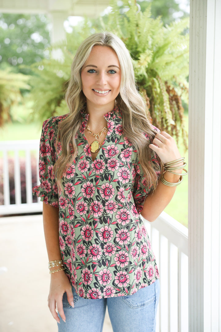 Falling Florals Top "Pink Olive"