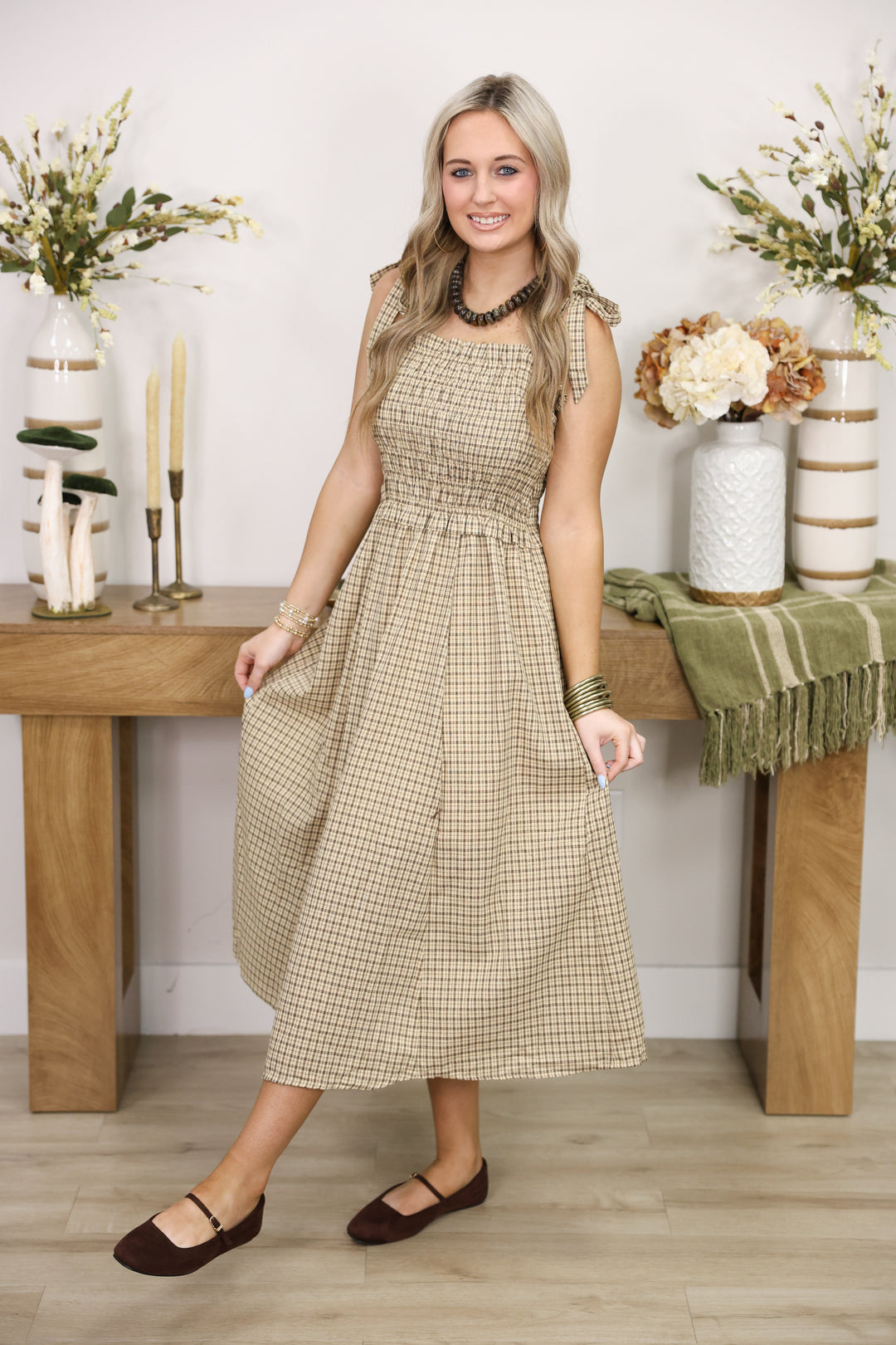 Plaid Smocked Bodice Midi Dress W/ A-Line Skirt & Shoulder Tie "Almond"