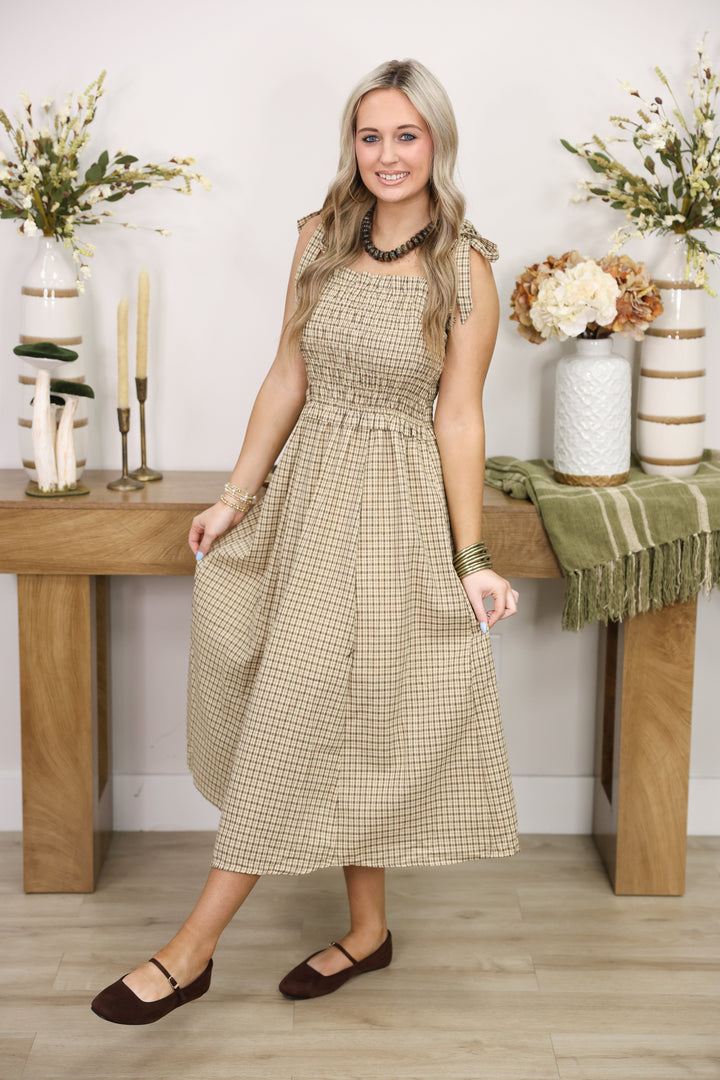 Plaid Smocked Bodice Midi Dress W/ A-Line Skirt & Shoulder Tie "Almond"