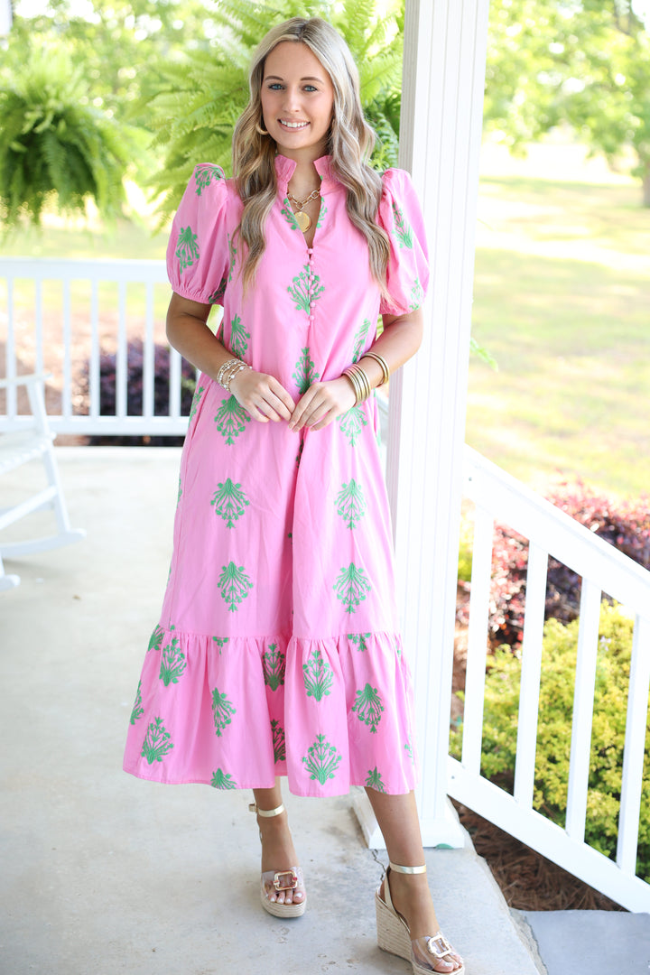 Botanical Embroidery Short Puff Sleeve Midi Dress "Pink"