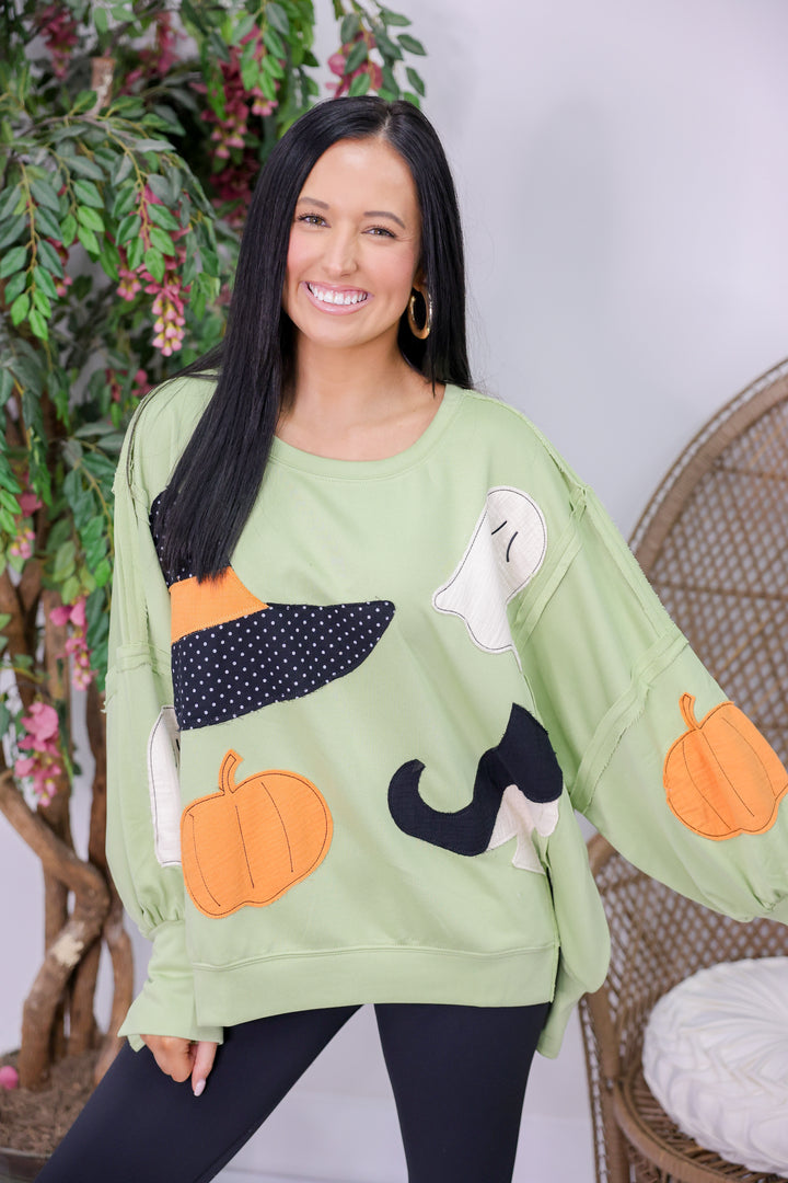 Halloween Theme Patchwork Oversized Sweatshirt "Light Olive"