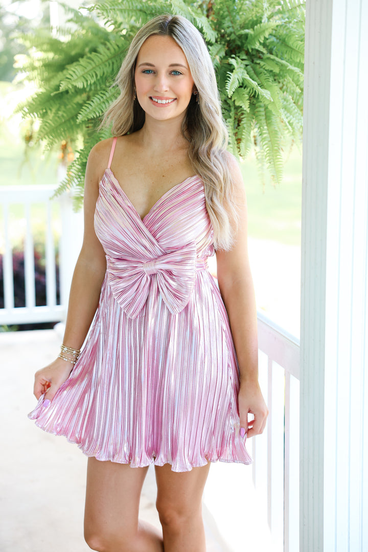 Perfect Pink Bow Pleated Mini Dress