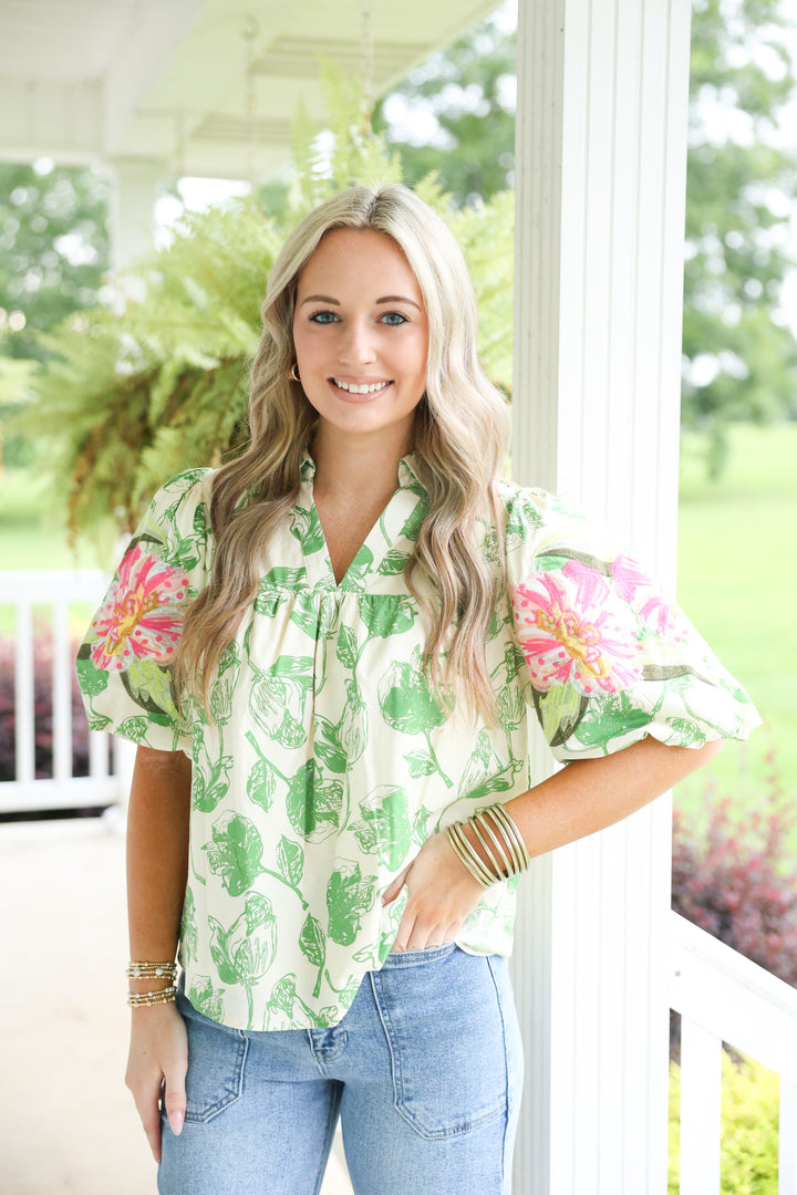 Lovely Leaf Print Embroidered Top