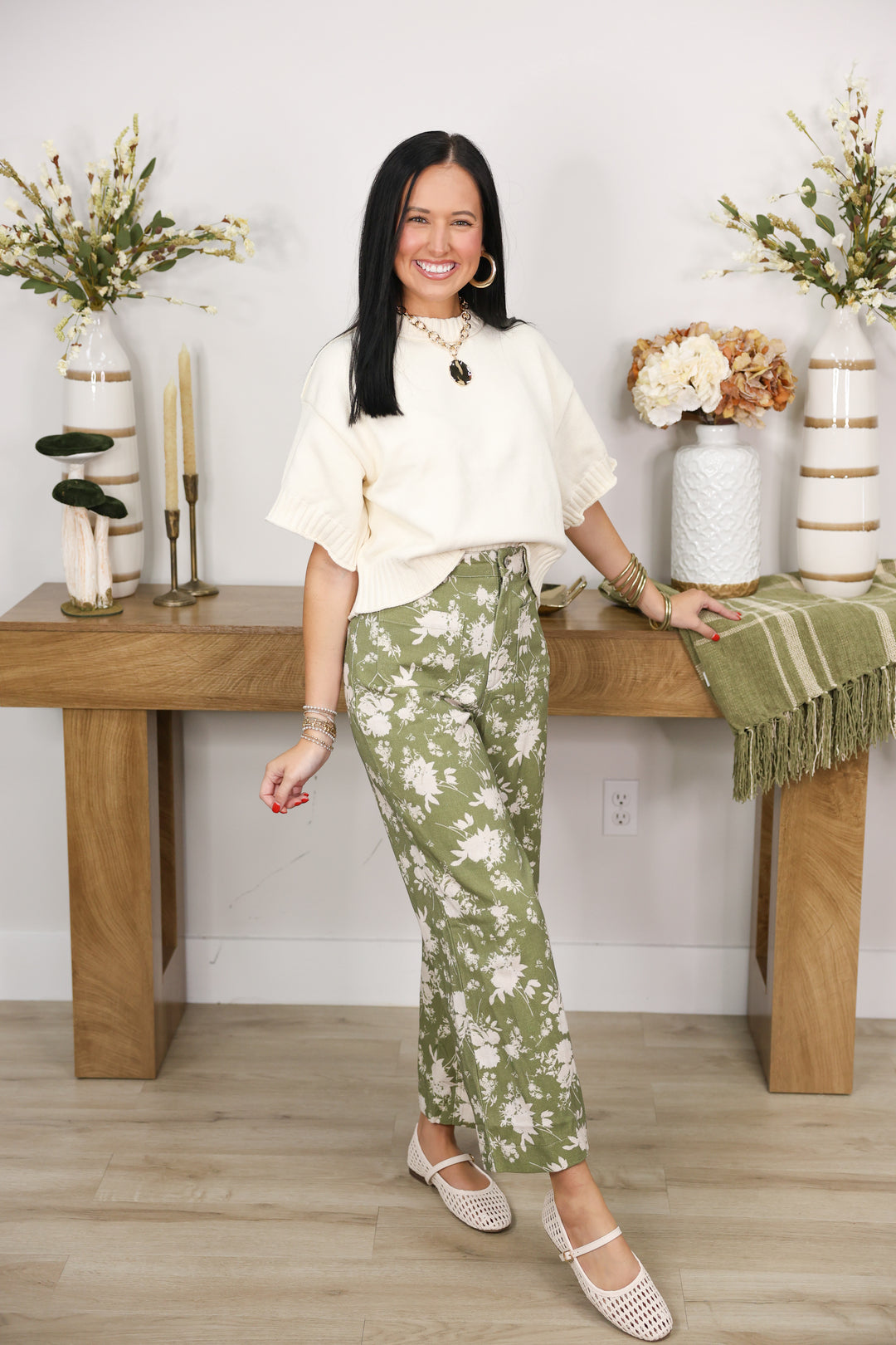 Willow Floral Print Pants "Olives"