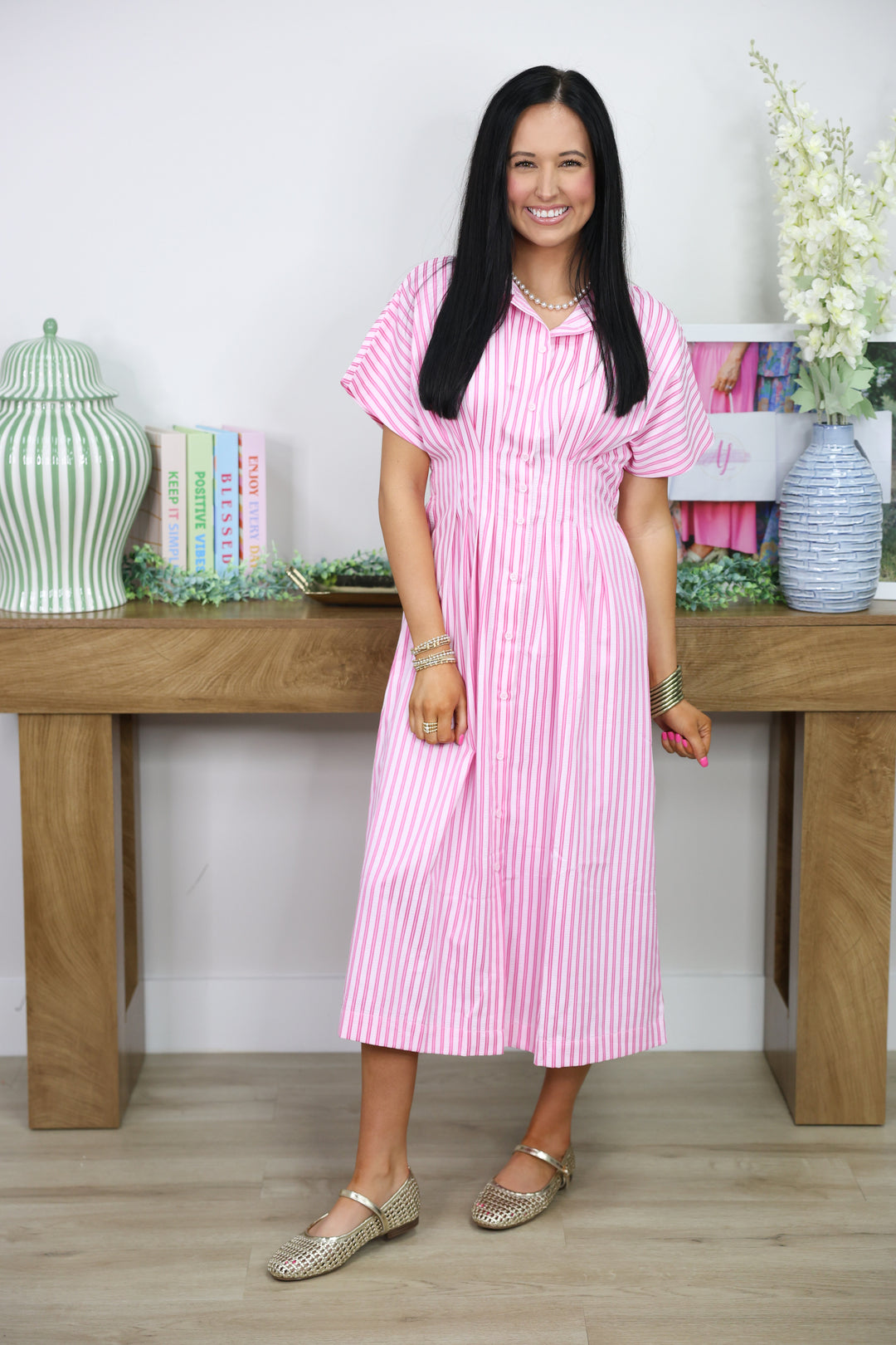 Stripe Waist Pleated Midi Shirt Dress "Pink Mix"