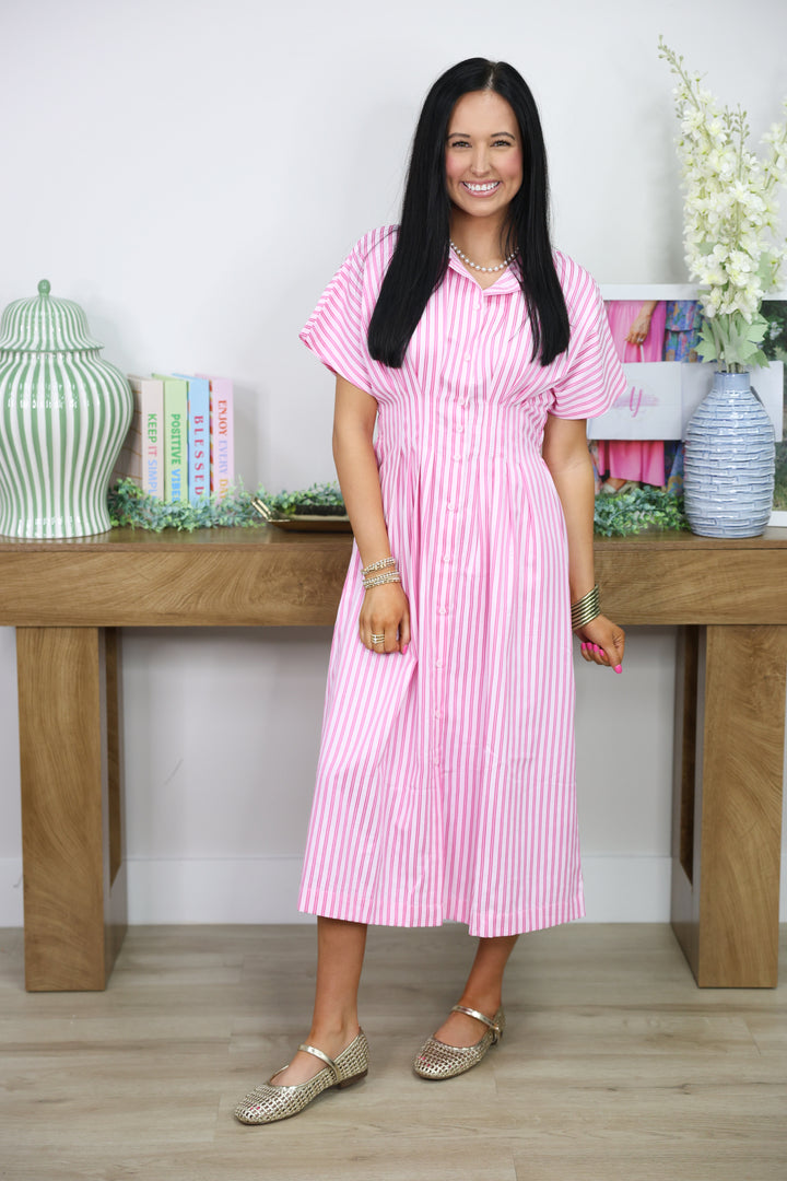 Stripe Waist Pleated Midi Shirt Dress "Pink Mix"