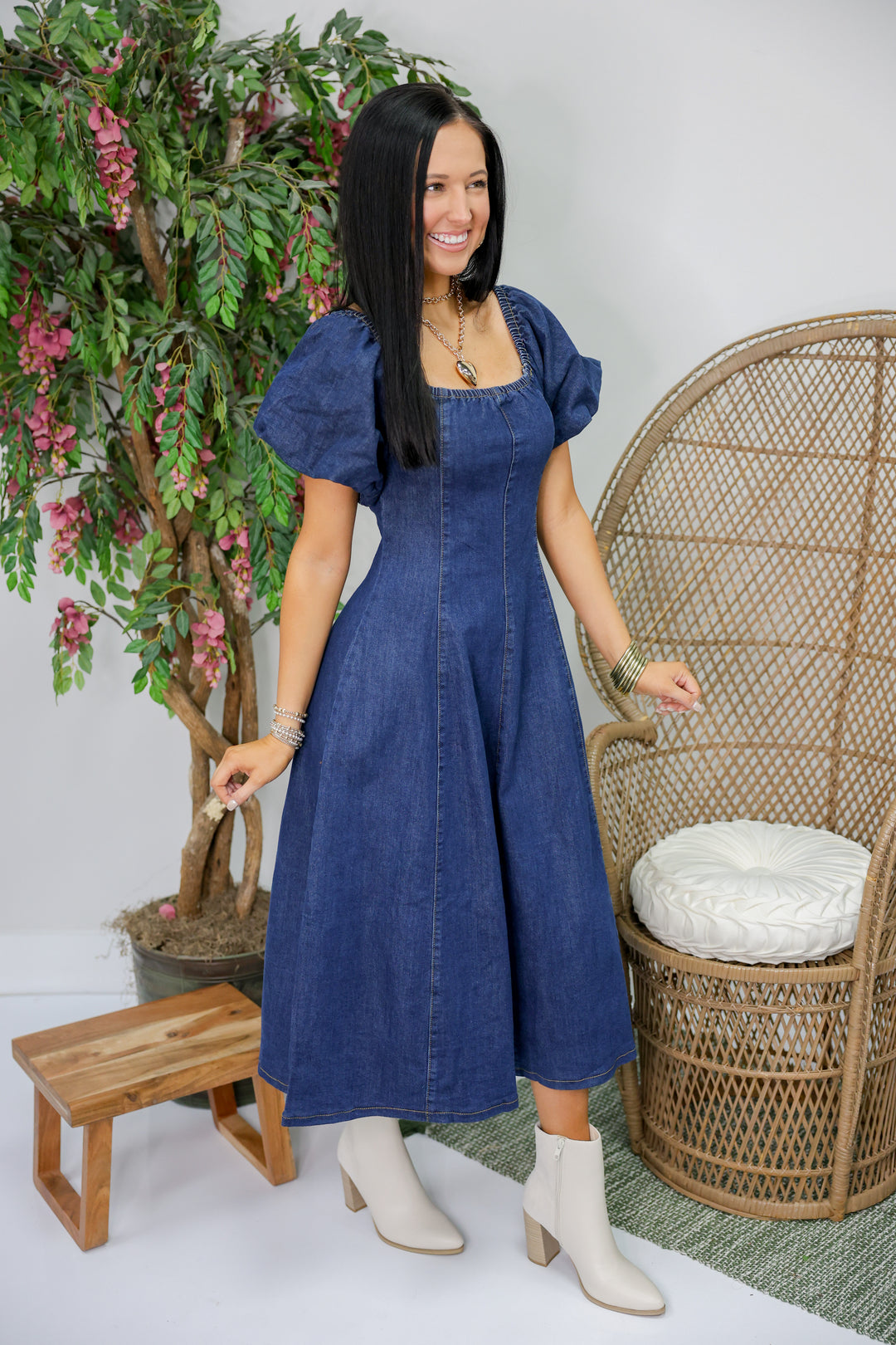 Mineral Washed Puff Sleeve Midi Dress "Denim"