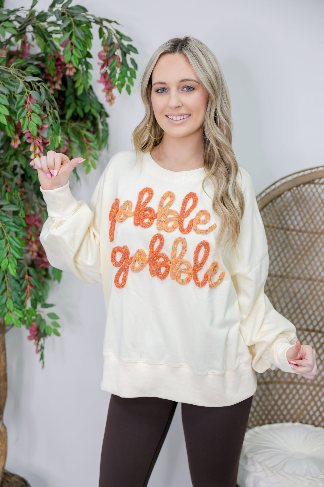 'Gobble Gobble' Thread Embroidered Oversized Sweatshirt