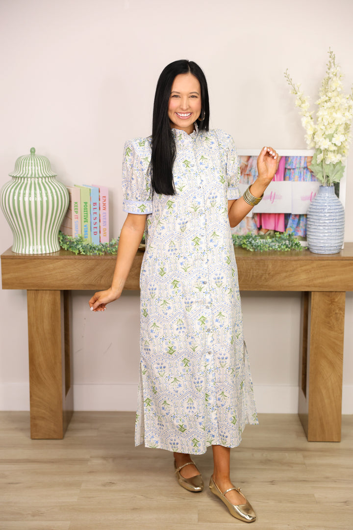 Tea Garden Floral Midi Dress "Blue"