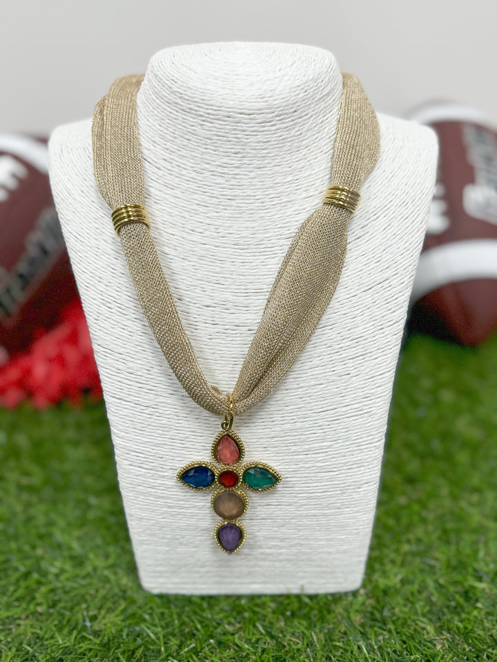 Hart Designs Jewelry - Gold Shimmer Scarf Necklace "Multi Color Cross"