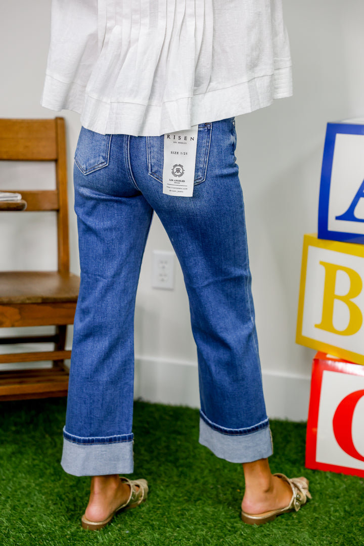Risen - Mid Rise Crop Straight Cuffed Jeans "Medium"