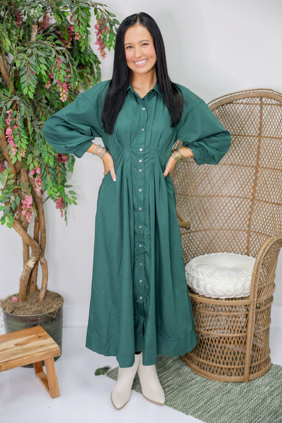 Mary Solid Long Sleeve Midi Dress "H Green"