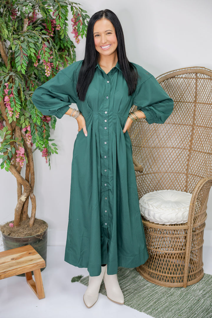 Mary Solid Long Sleeve Midi Dress "H Green"