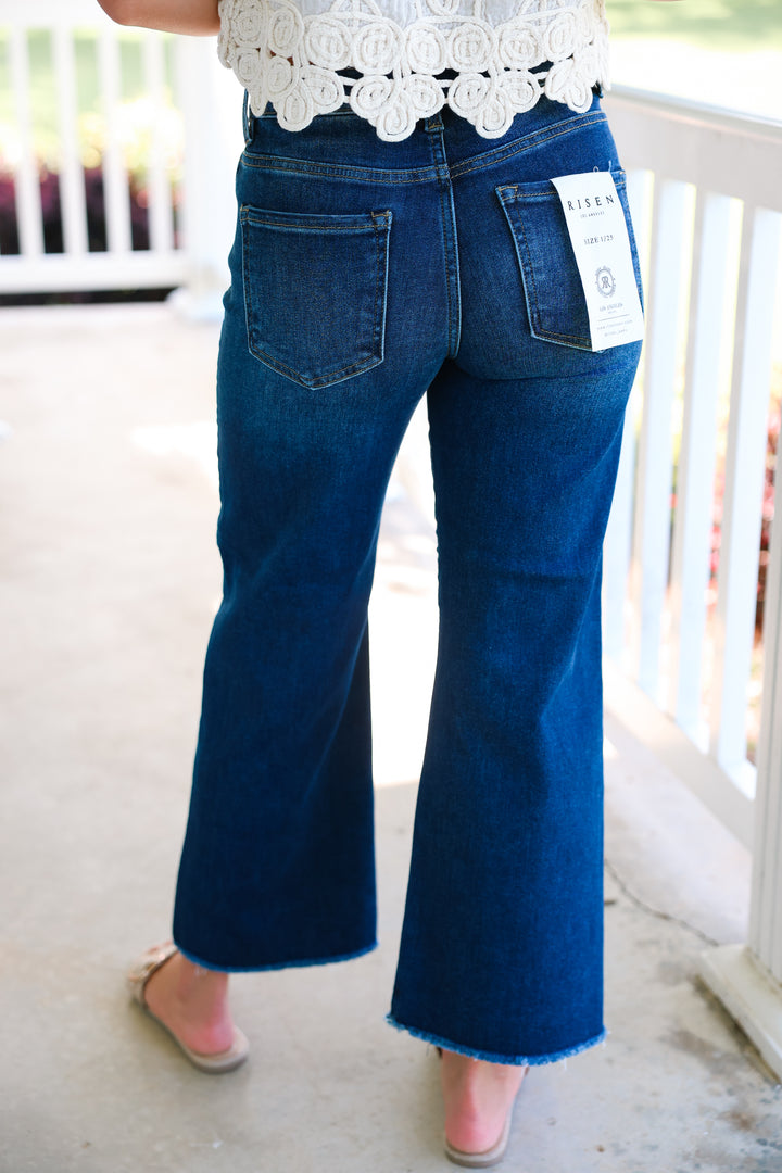 Risen - Mid Rise Crop Wide Side Slit Jeans "Dark"