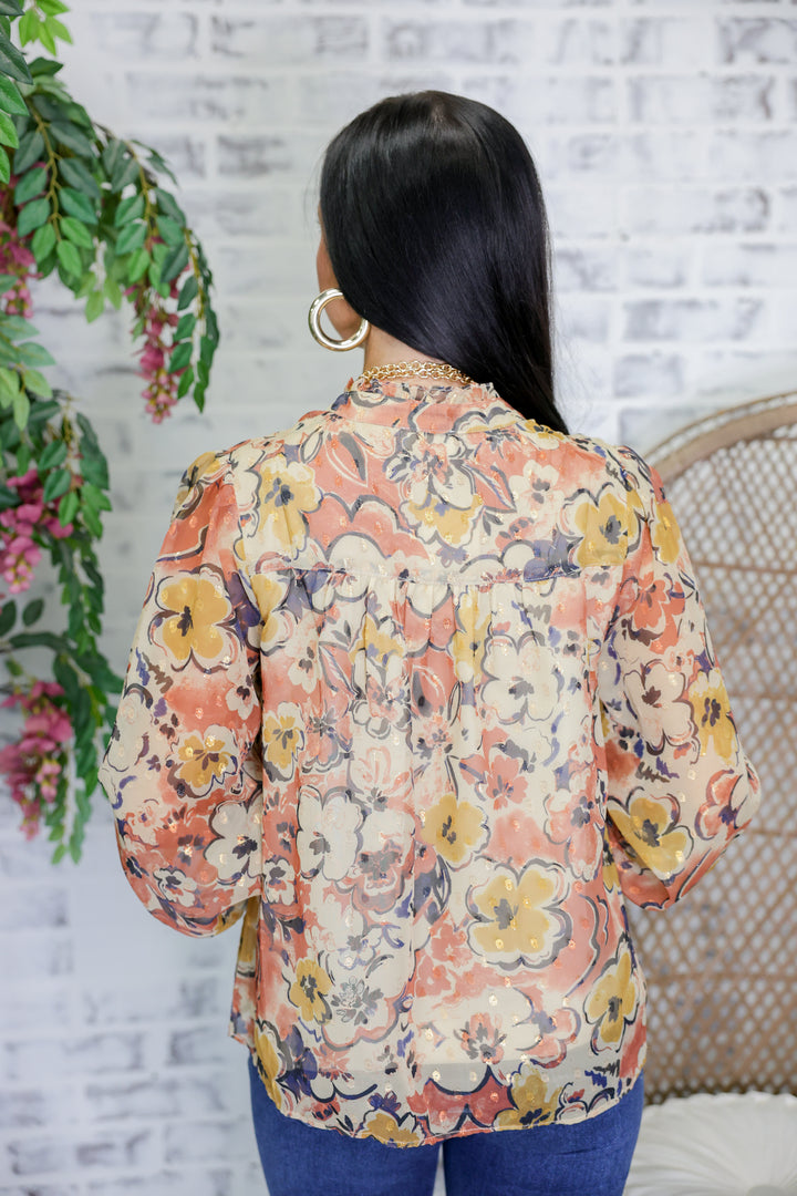 Floral Print w/ Lurex Chiffon Ruffled High Neckline Top "Beige Combo"
