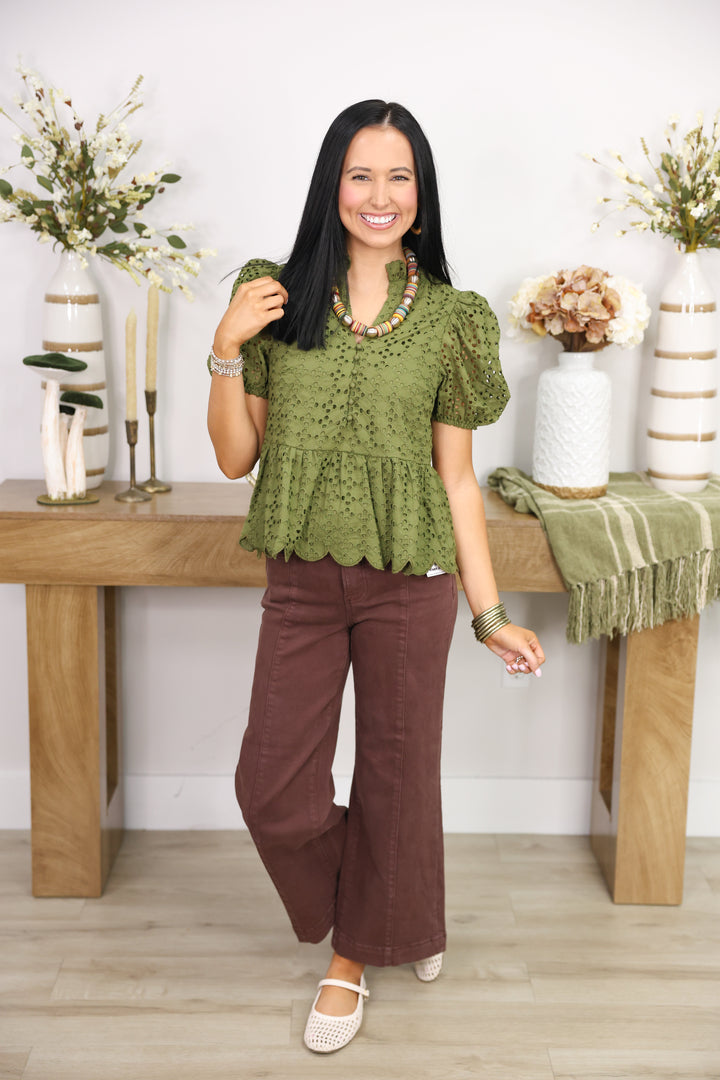 Everlasting Eyelet Top "Olive"