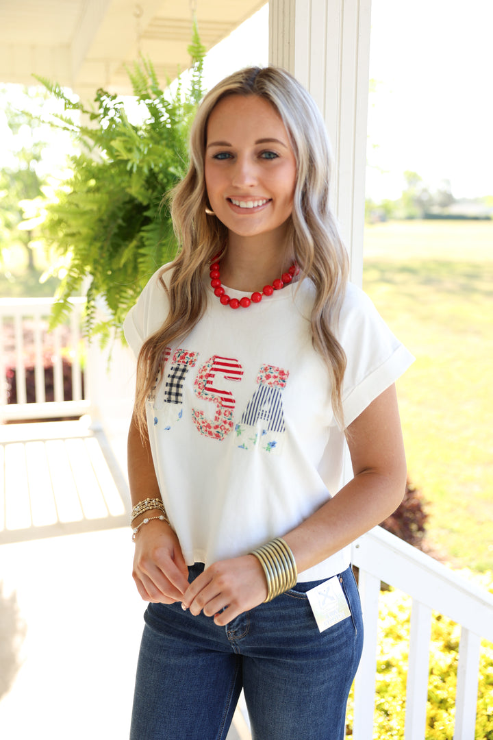 USA Floral Patchwork Top "White"