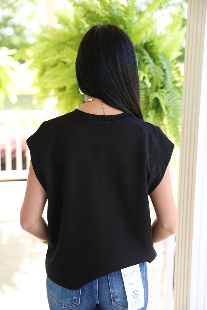 Solid Cap Sleeve Crew Neck Top "Black"