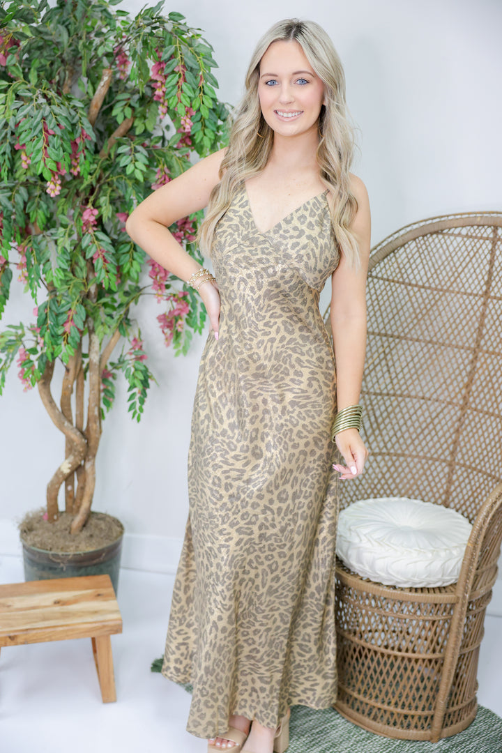 Metallic Leopard Printed Sleeveless Maxi Dress "Golden Leopard"
