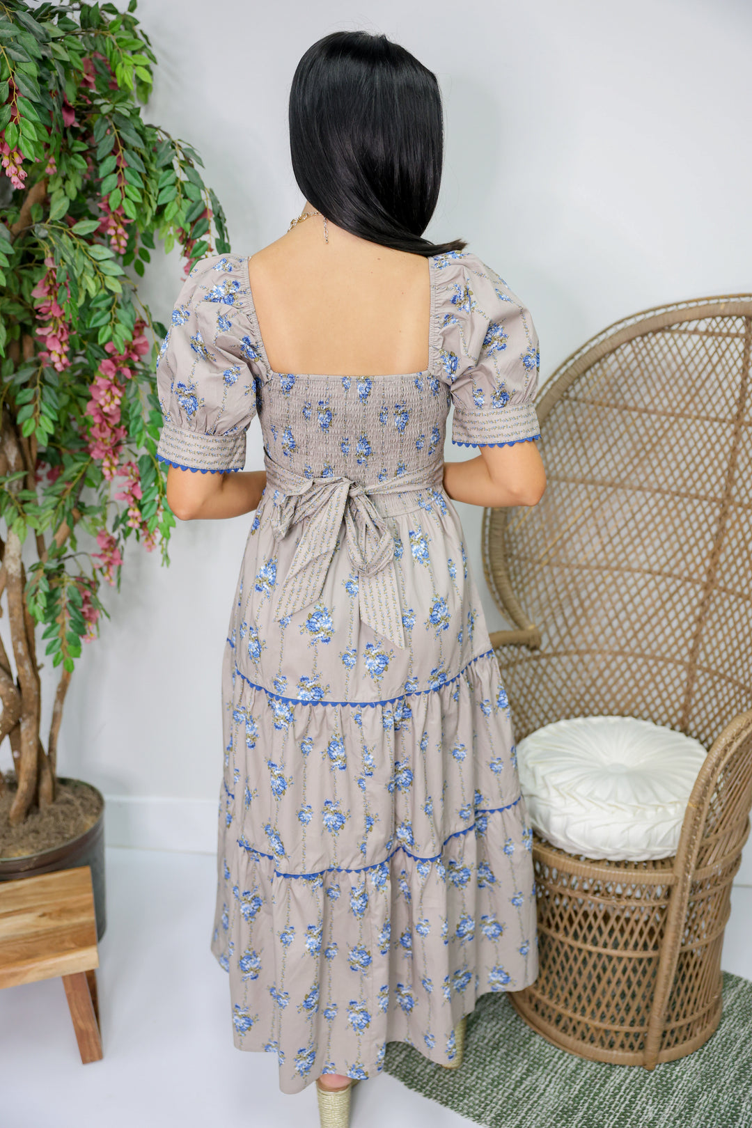 Floral Wavy Trim Detail Maxi Dress