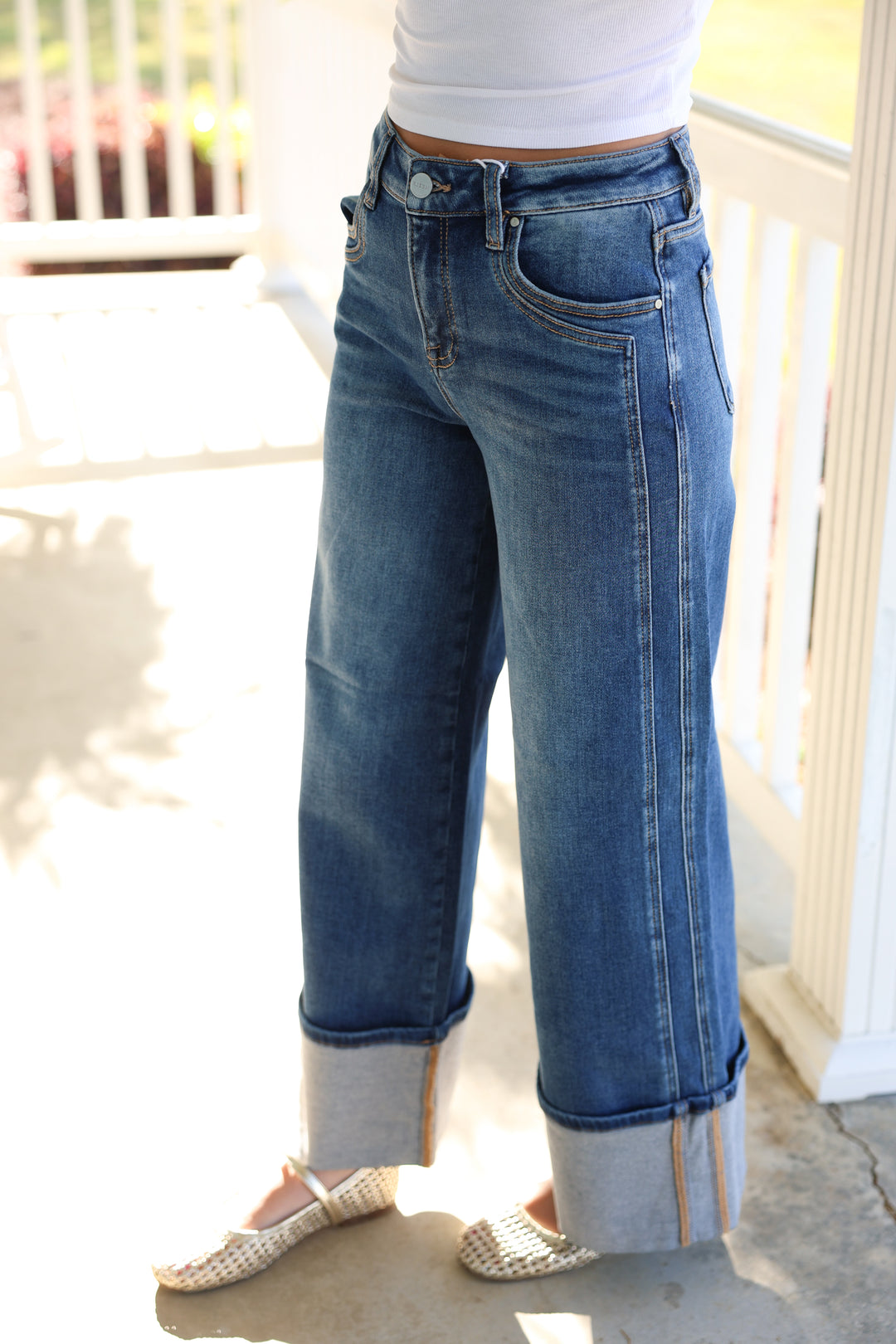 Risen - High Rise Wide Leg Cuffed Jeans W/ Double Front Pocket Detail "Dark"