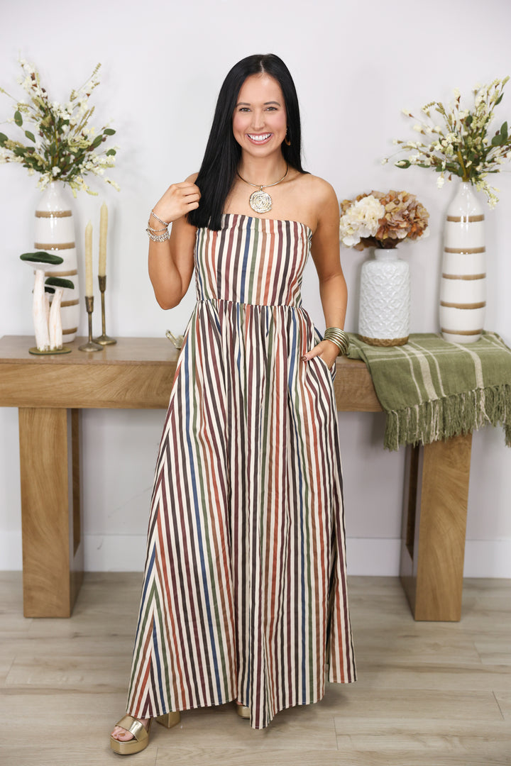Golden Hour Stripe Printed Strapless Dress "Multi"
