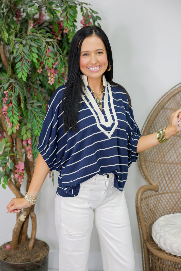 Striped Short Dolman Sleeve Top "Navy"