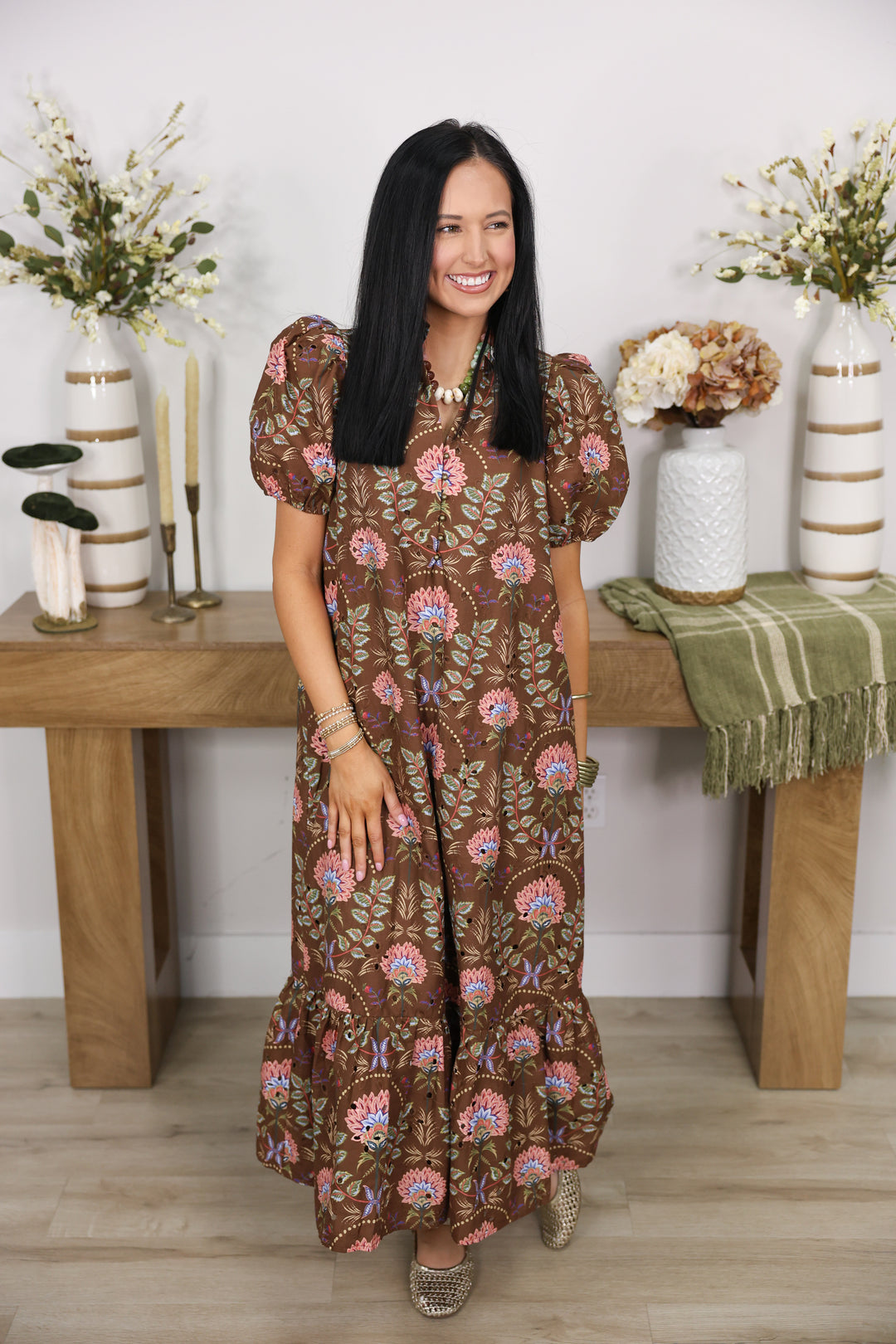 Floral Print Everlasting Eyelet Dress "Brown"