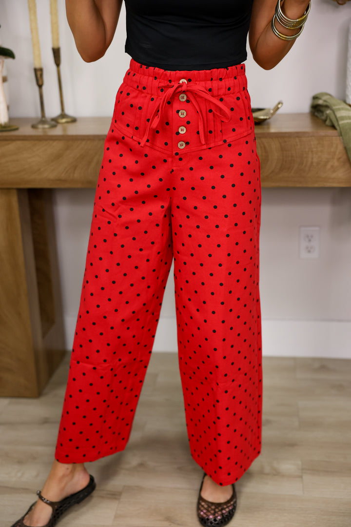 Front Button Up Wide Leg Polka Dot Pants "Red"