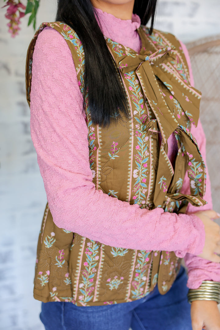 Botanical Print Sleeveless Peplum Vest "Brown"