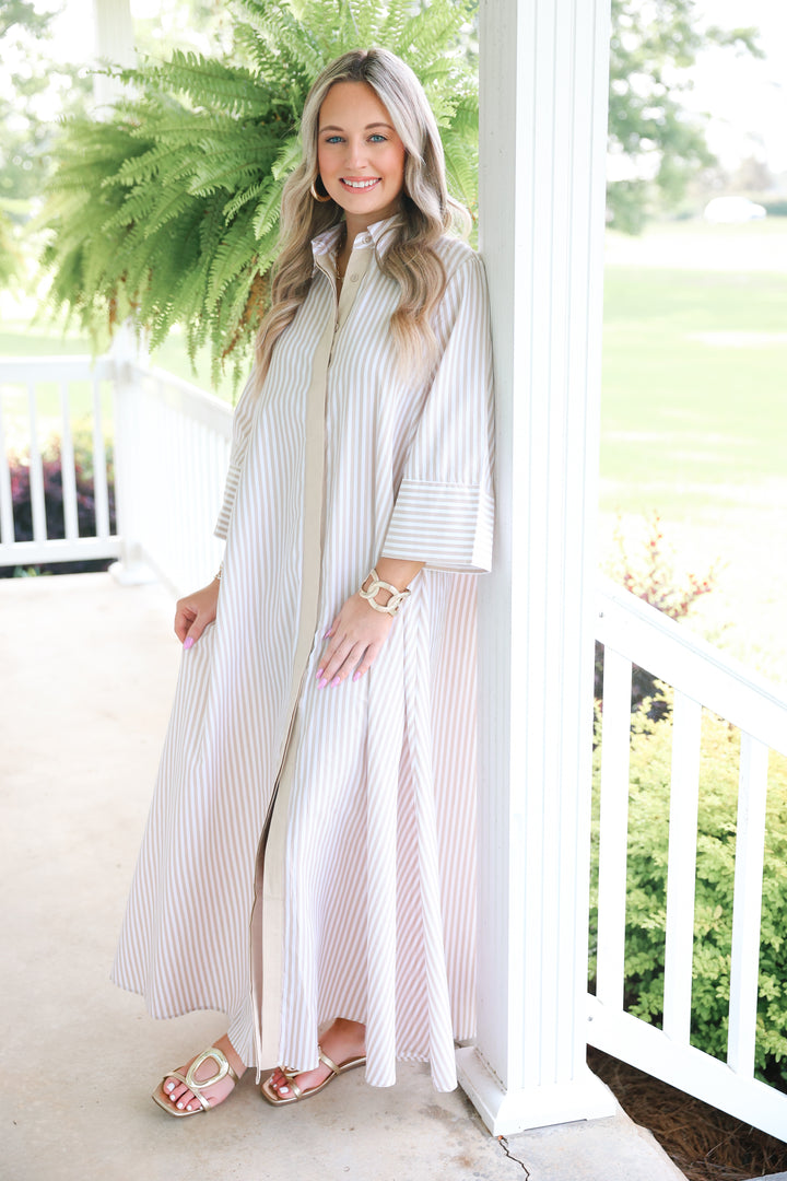 Striped Maxi Shirt Dress "Tan"