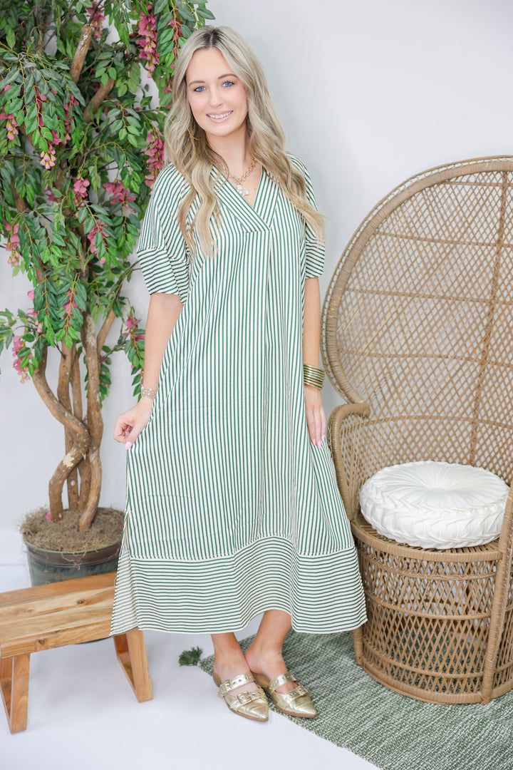 Stripe Pattern Midi Dress "H Green"