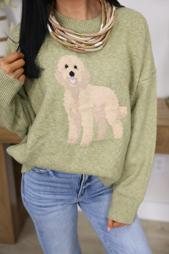 Golden Doodle Dog Graphic Oversized Crew Neck Sweater "Olive"