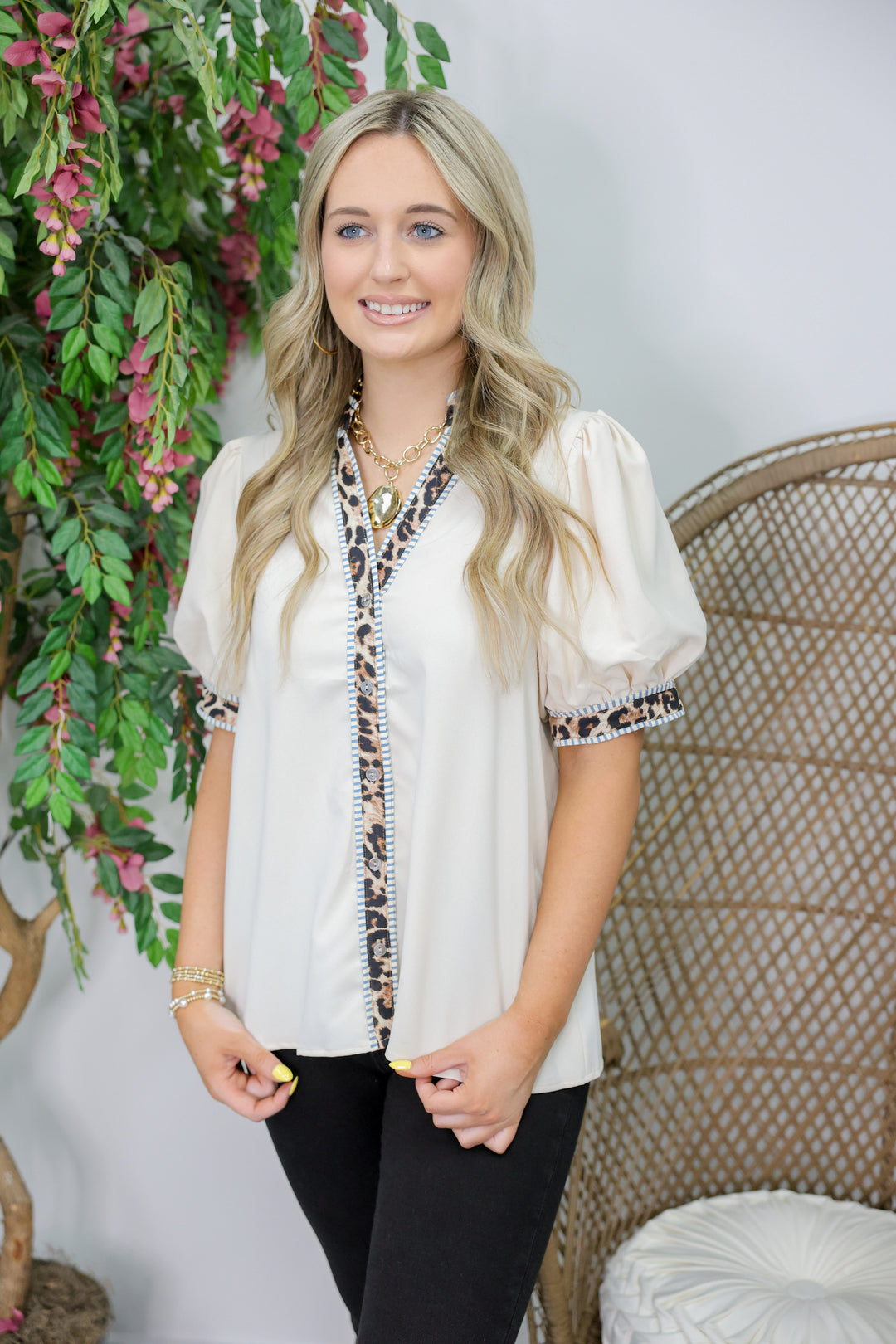 Leopard Trim Top "Ecru"