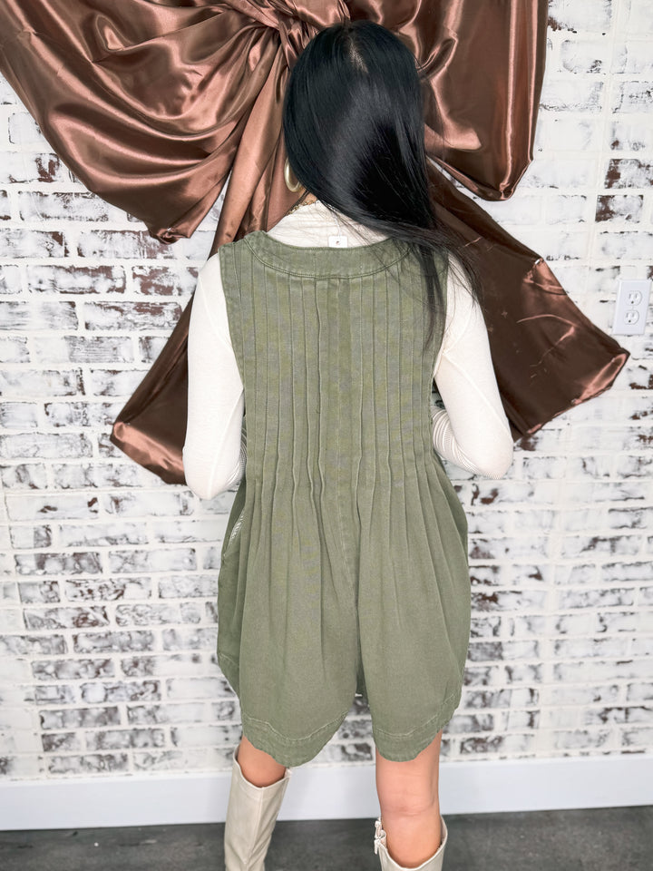 Pleated Denim Romper "Olive"