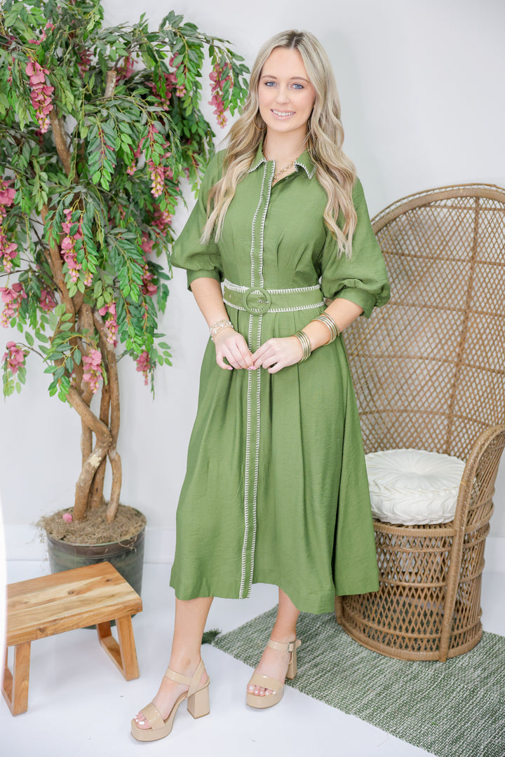 Anne Solid Short Puff Sleeve Midi Dress "Olive"
