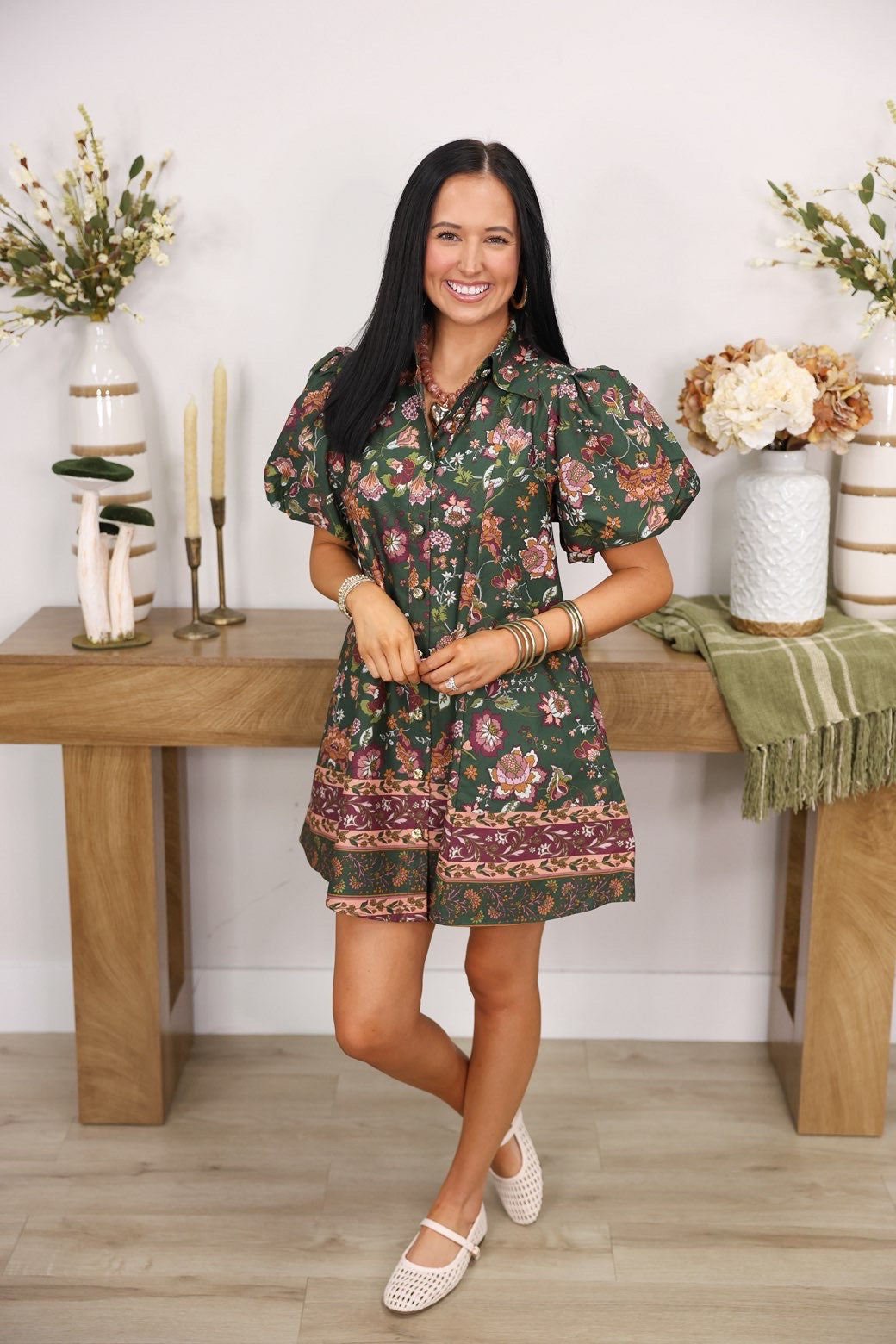 Harvest Bloom Dress "DK Green/Mauve"
