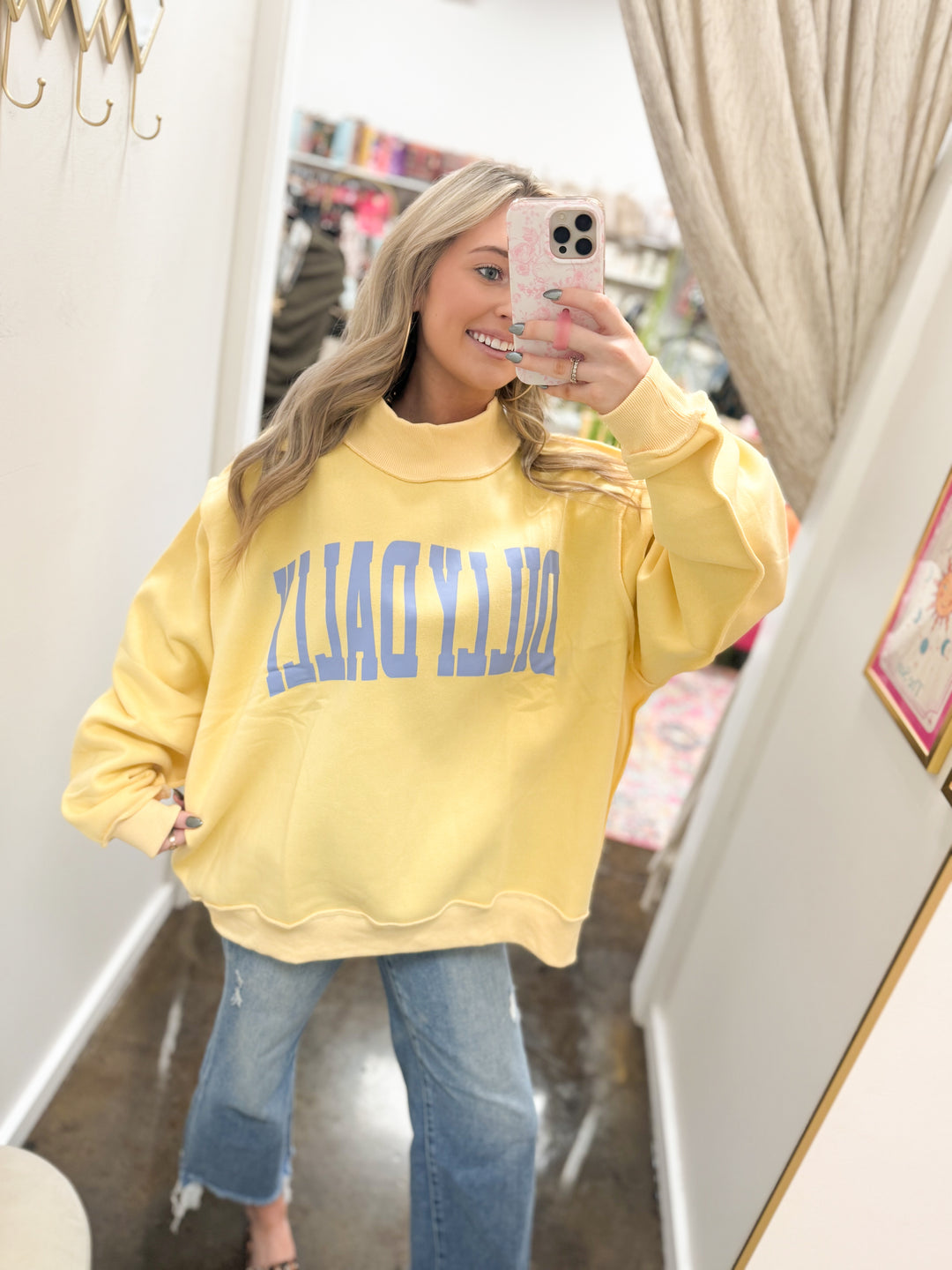'Dilly Dally' Print Mock Neck Sweatshirt "Yellow"