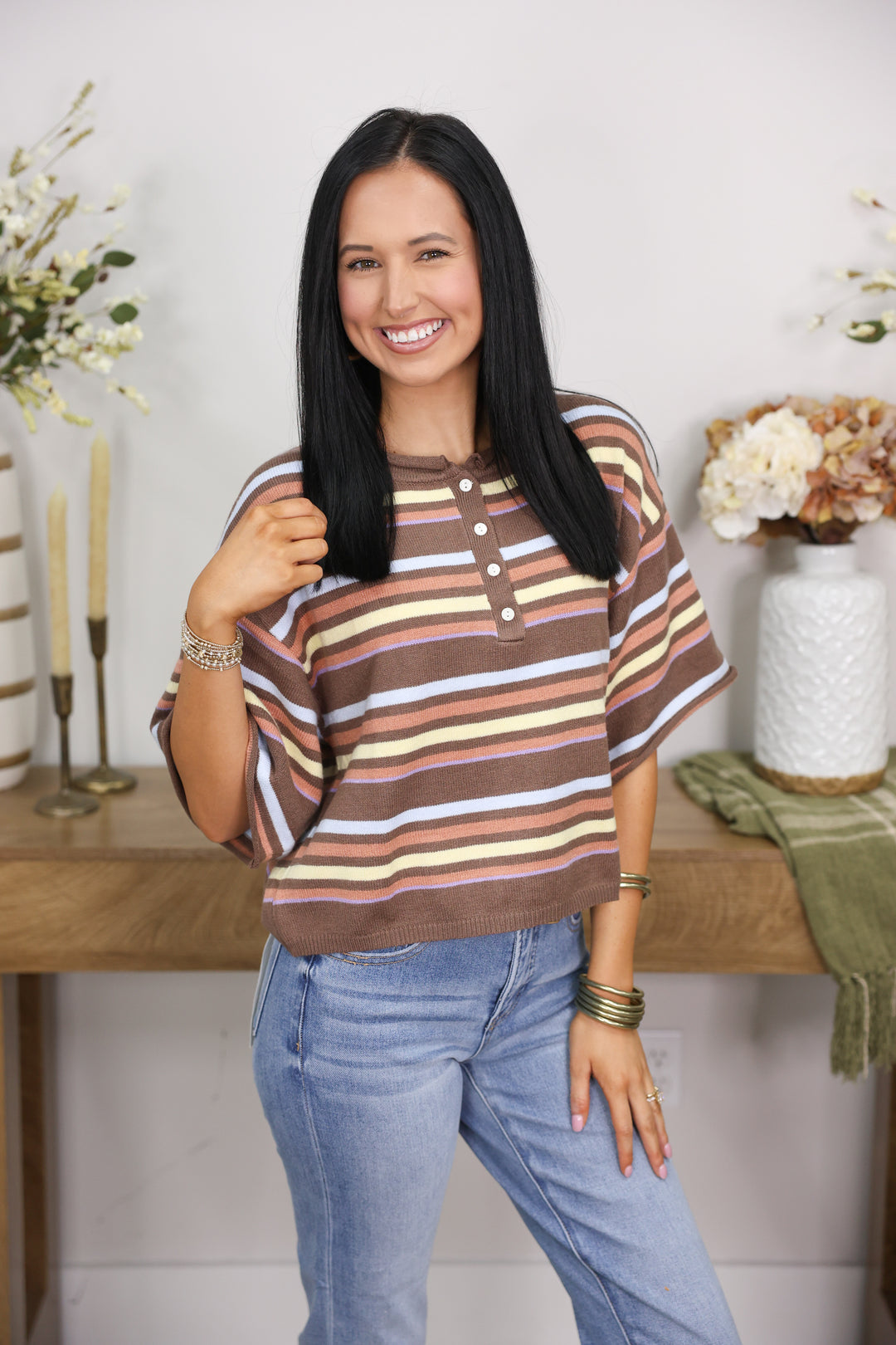 Striped Short Sleeve Sweater Knit Top "Brown Multi"