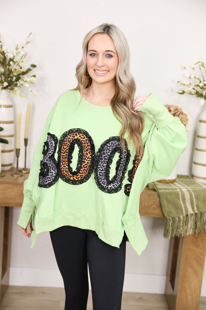 Leopard 'BOO' & Lace Detailed Patch Sweatshirt "DK Lime"